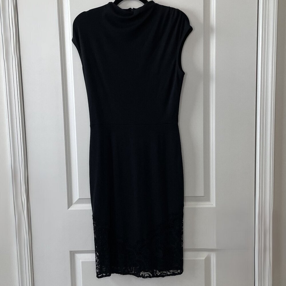 Peruvian Connection Black Shanghai Sheath Cowl Neck Lace Hem Cap Sleeve Size 4